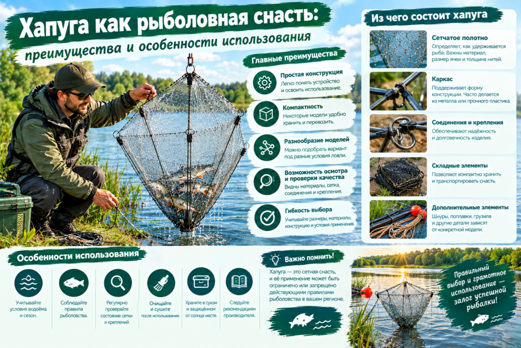 Рыболовная хапуга: особенности сетчатой конструкции, основные элементы снасти и характеристики, которые важно учитывать при выборе.