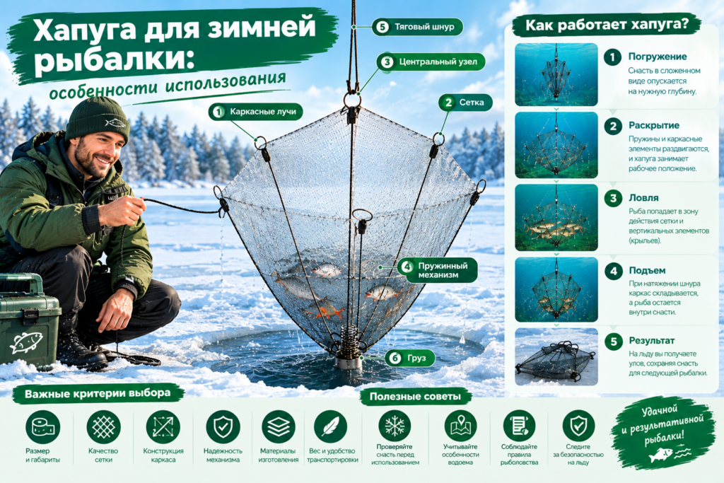 Хапуга для зимней рыбалки: особенности конструкции, подготовки и использования снасти.